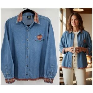 Vintage Lighthouse Chambray Denim Patch work Button Down Plaid trim Women's Med